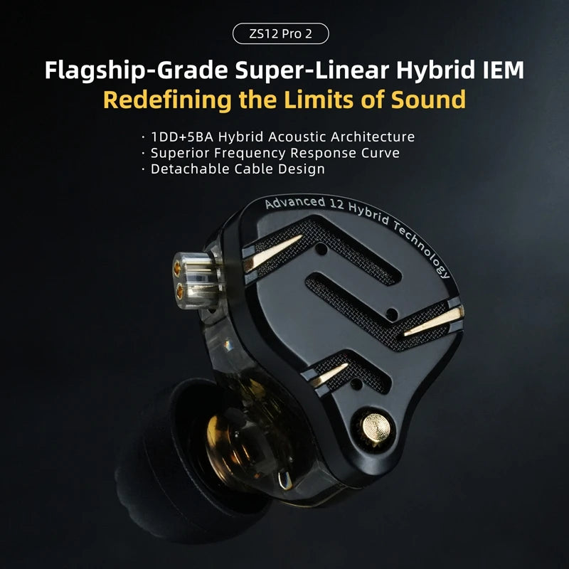 In Ear Monitor KZ ZS12 Pro 2 Hybrid 1DD+5BA Wired IEM Earphones with High Purity Silver Plated Detachable Cable, 3.5mm 2Pin HiFi Gaming Earbuds for Musicians Audiophiles
